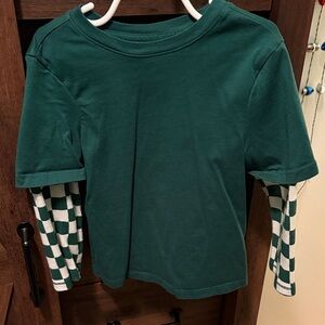 Old Navy Kids Shirt with Green and White Checkered Sleeves